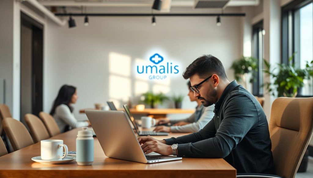A professional freelance in a modern coworking space, surrounded by laptops and coffee mugs, focusing intently on their screen. Soft natural lighting illuminates the scene, creating a warm and productive atmosphere. In the background, the Umalis Group logo is subtly displayed on the wall, hinting at the empowering portage salarial services that enable this independent lifestyle. The frame captures the step-by-step process of becoming a successful freelancer through the portage salarial model, conveying a sense of focus, flexibility, and entrepreneurial spirit.