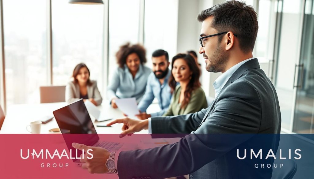 A professional freelance meeting scene depicting diverse individuals collaborating on a project in a modern office environment. In the foreground, a well-dressed consultant, wearing business attire, points at a laptop screen beside a notebook filled with notes. In the middle ground, a diverse group of freelancers, including a woman with curly hair and a man with glasses, engage in discussion around a large table cluttered with documents and coffee cups. The background shows a bright, airy office with floor-to-ceiling windows and city views, creating a sense of openness. Soft, natural lighting enhances the atmosphere, conveying a mood of productivity and engagement. The logo of UMALIS GROUP is subtly integrated into the scene, reflecting a professional collaboration theme.
