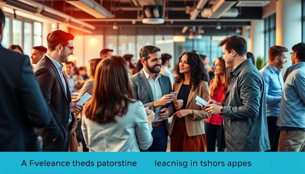 A professional freelance networking scene featuring the Umalis Group brand. In the foreground, diverse individuals engaged in dynamic conversations, exchanging business cards and shaking hands. The middle ground showcases a backdrop of modern office buildings and co-working spaces, conveying a sense of a thriving business community. Warm, natural lighting illuminates the scene, creating a welcoming and collaborative atmosphere. The composition emphasizes the interconnectedness and strategic planning required for successful freelance networking in France.