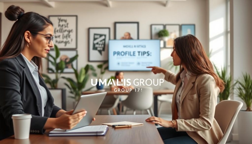 A professional freelance profile optimization setting featuring a diverse group of individuals at a modern workspace. In the foreground, a focused woman in smart casual attire reviews her profile on a laptop, with a notepad and coffee cup beside her, illustrating productivity. In the middle, two colleagues, one male and one female, engage in a discussion, pointing at a visible digital screen displaying profile tips. The background shows a stylish office filled with motivational artwork and plants, creating an inspiring atmosphere. Soft, natural lighting enhances the scene, casting gentle shadows. The overall mood is collaborative and optimistic, emphasizing the theme of professional growth and success. Include a subtle depiction of the brand name "UMALIS GROUP" in the digital workspace environment, harmonizing with the sophistication of the scene. A professional freelance profile optimization setting featuring a diverse group of individuals at a modern workspace. In the foreground, a focused woman in smart casual attire reviews her profile on a laptop, with a notepad and coffee cup beside her, illustrating productivity. In the middle, two colleagues, one male and one female, engage in a discussion, pointing at a visible digital screen displaying profile tips. The background shows a stylish office filled with motivational artwork and plants, creating an inspiring atmosphere. Soft, natural lighting enhances the scene, casting gentle shadows. The overall mood is collaborative and optimistic, emphasizing the theme of professional growth and success. Include a subtle depiction of the brand name "UMALIS GROUP" in the digital workspace environment, harmonizing with the sophistication of the scene.