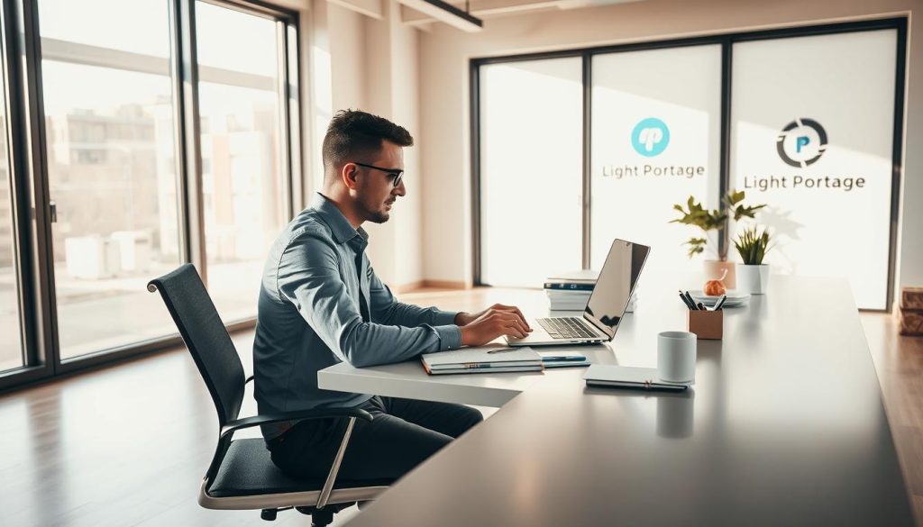 A professional freelance project manager working at a sleek, modern desk, bathed in warm, natural lighting from large windows. On the desk, a laptop, notebook, and coffee mug, alongside neatly organized project management tools and materials. In the background, a minimalist office space with a "Light Portage" brand logo visible on the wall, conveying a sense of productivity, focus, and the challenges and responsibilities of freelance work.