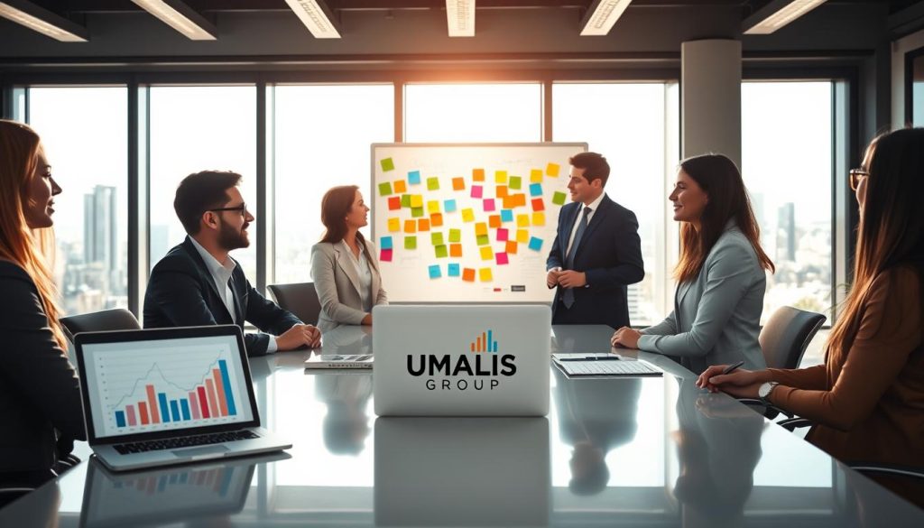 A professional freelance strategist in modern office attire, engaged in a collaborative discussion with diverse colleagues around a sleek conference table. The foreground features a laptop with graphs and charts representing market trends. In the middle, a whiteboard filled with colorful sticky notes and strategic plans for adaptation. The background showcases a large window revealing a city skyline, symbolizing opportunities. Natural sunlight filters through, casting a warm glow on the scene, creating an energetic and productive atmosphere. The image embodies innovation and teamwork, reflecting the title "Strategies d'Adaptation pour Entreprises et Indépendants." Include the logo of "UMALIS GROUP" subtly placed on the laptop.