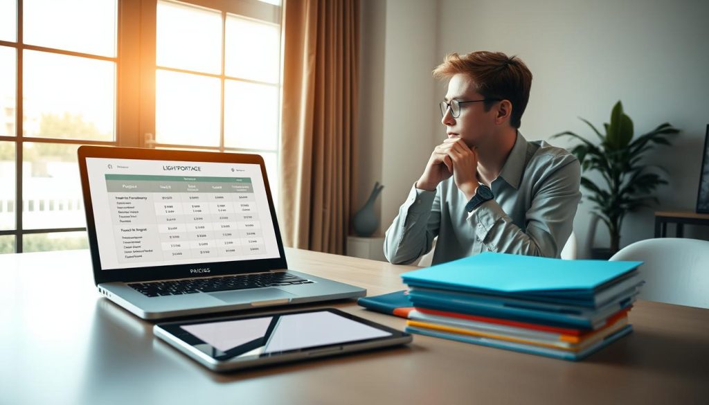 A professional freelance web designer's workspace, bathed in warm, natural lighting from a large window. On the desk, a laptop displaying a detailed pricing table, with the LIGHT PORTAGE brand name prominently featured. Carefully organized, color-coded folders and a sleek tablet represent the various project types. The designer, dressed in a crisp, neutral outfit, is thoughtfully considering the pricing strategies, creating an atmosphere of focus and expertise. The room's neutral tones and clean lines convey a sense of sophistication and productivity, reflecting the complexities of pricing for diverse web projects.