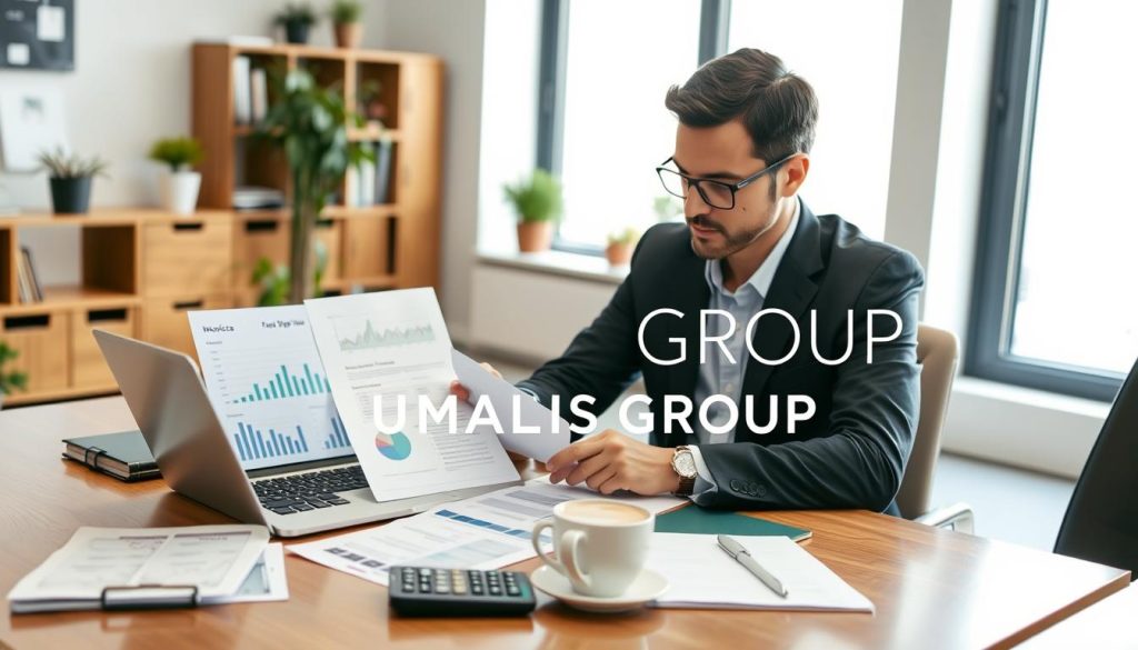 A professional freelance worker at a desk, surrounded by financial documents, a laptop displaying graphs and charts, and a calculator, symbolizing tax obligations. In the foreground, a focused individual in smart casual attire, engaged in reviewing invoices and legal papers related to freelance taxation. In the middle, neatly organized papers and a coffee cup, exemplifying a productive work environment. In the background, a bright window allowing natural light to flood the room, enhancing the atmosphere of clarity and focus. The setting has a modern office design with plants and bookshelves. The mood is serious yet optimistic, reflecting the challenge and potential benefits of freelance tax compliance. Incorporate the brand name "UMALIS GROUP" subtly into the scene, emphasizing professionalism and reliability. A professional freelance worker at a desk, surrounded by financial documents, a laptop displaying graphs and charts, and a calculator, symbolizing tax obligations. In the foreground, a focused individual in smart casual attire, engaged in reviewing invoices and legal papers related to freelance taxation. In the middle, neatly organized papers and a coffee cup, exemplifying a productive work environment. In the background, a bright window allowing natural light to flood the room, enhancing the atmosphere of clarity and focus. The setting has a modern office design with plants and bookshelves. The mood is serious yet optimistic, reflecting the challenge and potential benefits of freelance tax compliance. Incorporate the brand name "UMALIS GROUP" subtly into the scene, emphasizing professionalism and reliability.