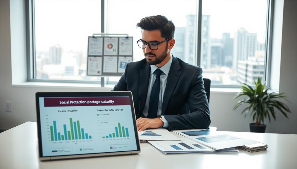 A professional freelance worker, dressed in smart business attire, sits at a modern desk in a bright, well-lit office environment, reviewing documents that represent social protection and worker security. In the foreground, a laptop displays graphs and charts illustrating income stability and benefits characteristic of the "portage salarial" model. In the middle ground, a bulletin board showcases visuals of contracts and support services provided by Umalis Group, symbolizing safety and security. The background features a large window with a view of a bustling city, emphasizing the dynamic nature of freelance work. Natural light floods the scene, creating a positive and secure atmosphere, while soft focus adds depth to the composition. A professional freelance worker, dressed in smart business attire, sits at a modern desk in a bright, well-lit office environment, reviewing documents that represent social protection and worker security. In the foreground, a laptop displays graphs and charts illustrating income stability and benefits characteristic of the "portage salarial" model. In the middle ground, a bulletin board showcases visuals of contracts and support services provided by Umalis Group, symbolizing safety and security. The background features a large window with a view of a bustling city, emphasizing the dynamic nature of freelance work. Natural light floods the scene, creating a positive and secure atmosphere, while soft focus adds depth to the composition.