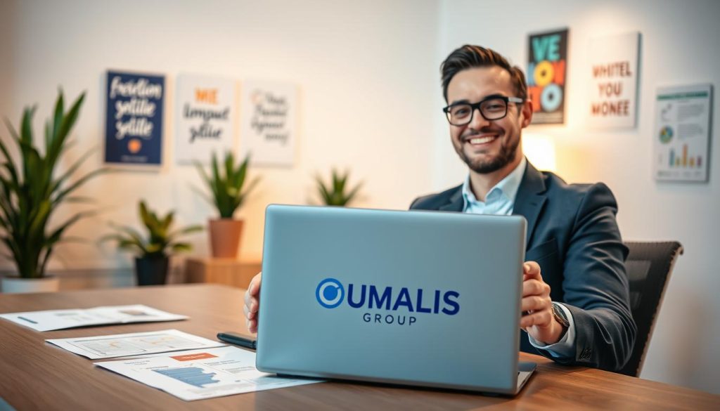 A professional freelance worker in a smart-casual outfit, sitting confidently at a modern desk, engaged in a video call with a colleague. In the foreground, a laptop displays the logo "UMALIS GROUP" prominently. The middle layer features documents and charts about freelance security, illustrating the concept of "protection sociale". The background shows a bright and inviting office space, with plants and motivational posters, conveying a sense of professionalism and stability. The lighting is warm, creating an inviting atmosphere, while a soft focus on the surroundings enhances the clarity of the foreground elements. The overall mood is optimistic and empowering, capturing the essence of social protection benefits for freelancers in France. A professional freelance worker in a smart-casual outfit, sitting confidently at a modern desk, engaged in a video call with a colleague. In the foreground, a laptop displays the logo "UMALIS GROUP" prominently. The middle layer features documents and charts about freelance security, illustrating the concept of "protection sociale". The background shows a bright and inviting office space, with plants and motivational posters, conveying a sense of professionalism and stability. The lighting is warm, creating an inviting atmosphere, while a soft focus on the surroundings enhances the clarity of the foreground elements. The overall mood is optimistic and empowering, capturing the essence of social protection benefits for freelancers in France.