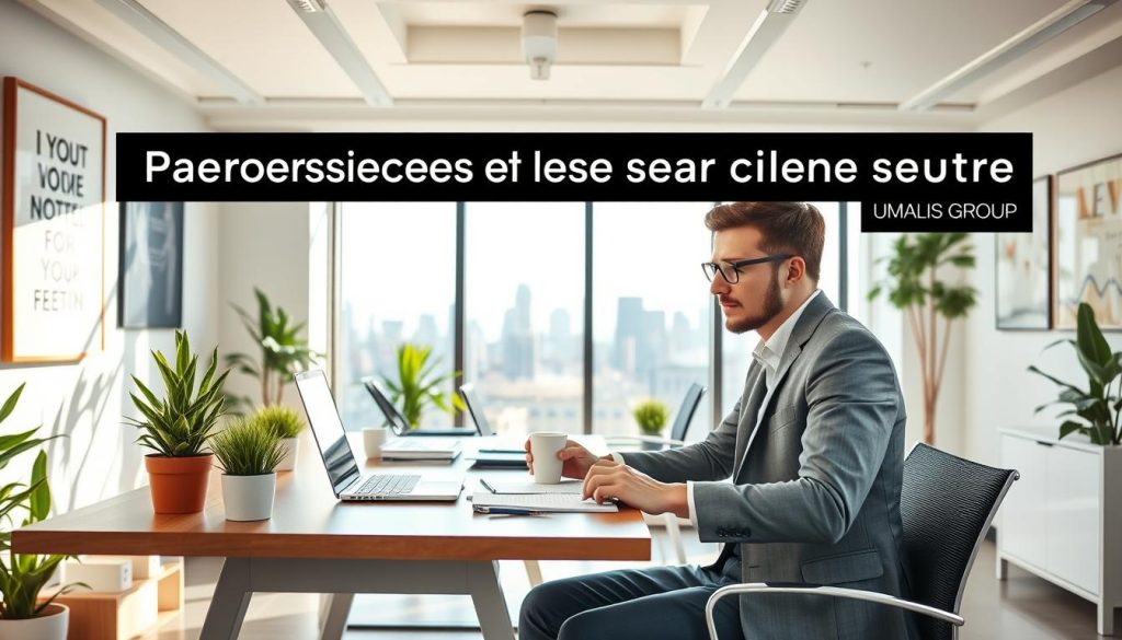 A professional freelance worker sits at a modern desk in a bright, airy office space, engaged in a video call. The foreground features a focused individual in business attire, using a laptop and notepad, surrounded by documents and coffee. In the middle, a stylish office with potted plants and motivational art on the walls creates a productive atmosphere. The background showcases a city skyline through a large window, emphasizing a bustling professional environment. The scene is well-lit with natural daylight streaming in, highlighting the worker's concentration and determination. A subtle mention of "UMALIS GROUP" is included in the decor of the space, reinforcing the theme of professional security and support for freelancers.