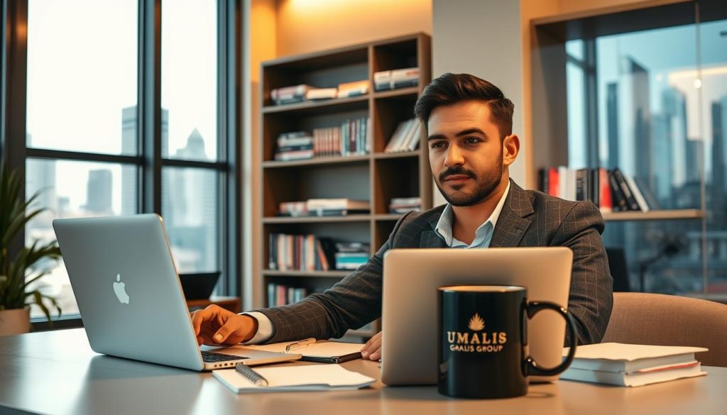 A professional freelance worker sits at a modern, well-lit workspace, surrounded by a laptop, notepad, and a coffee mug, symbolizing productivity and independence. In the foreground, the worker, dressed in smart casual attire, appears focused, with an aura of confidence. The middle ground shows shelves filled with books on business and entrepreneurship, emphasizing knowledge and self-improvement. The background reveals a large window with natural light streaming in, showcasing a vibrant city skyline. Soft, warm lighting creates an inviting atmosphere, while the overall mood is one of empowerment and professionalism. Umalis Group branding subtly appears on the notepad and coffee mug, reinforcing the connection to freelance success.