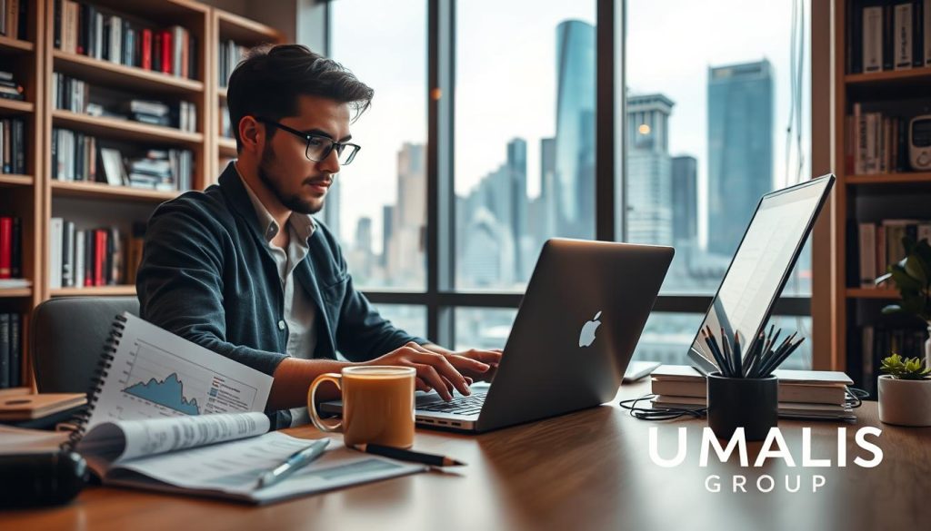 A professional freelance worker sitting at a modern workspace, deeply focused while working on a laptop. In the foreground, a cluttered desk showcases a notepad filled with brainstorming ideas, a cup of coffee, and a laptop glowing with data analysis. In the middle ground, a large window reveals a bustling city skyline, emphasizing the autonomy and lifestyle of a freelancer. Soft, natural light streams in, creating an inviting atmosphere, with a warm, golden hue reflecting off the surfaces. The background features a sleek bookshelf filled with industry-related books, symbolizing continual learning. The overall mood conveys ambition and self-reliance. Include the brand logo "UMALIS GROUP" subtly integrated into the workspace decor.