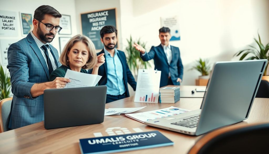 A professional freelance workspace featuring a confident, diverse group of individuals in business attire discussing insurance and salary portage. In the foreground, a middle-aged woman is analyzing contracts on her laptop, while a young man gestures towards financial documents spread across a table. The middle ground shows an open laptop displaying graphs and charts, symbolizing freelance success. In the background, a bright and organized office with plants and motivational posters conveys a sense of security and professionalism. Soft, natural lighting illuminates the scene, creating a warm and inviting atmosphere. The brand name “UMALIS GROUP” is subtly visible on a brochure on the table, reinforcing trust and support in freelance business practices. A professional freelance workspace featuring a confident, diverse group of individuals in business attire discussing insurance and salary portage. In the foreground, a middle-aged woman is analyzing contracts on her laptop, while a young man gestures towards financial documents spread across a table. The middle ground shows an open laptop displaying graphs and charts, symbolizing freelance success. In the background, a bright and organized office with plants and motivational posters conveys a sense of security and professionalism. Soft, natural lighting illuminates the scene, creating a warm and inviting atmosphere. The brand name “UMALIS GROUP” is subtly visible on a brochure on the table, reinforcing trust and support in freelance business practices.