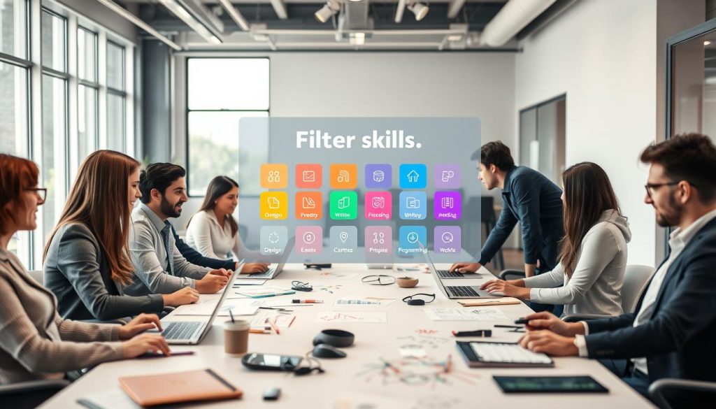 A professional freelance workspace showcasing a modern, minimalistic design. In the foreground, a diverse group of freelancers, dressed in smart casual attire, are engaging in discussions around a large table cluttered with laptops, notes, and sketches. The middle layer features a transparent screen displaying colorful “filter skills” options, such as icons representing various skills like design, programming, and writing. The background reveals a bright, open office with large windows allowing natural light to flood in, enhancing the vibrant atmosphere. The scene is captured with a shallow depth of field, focusing on the group while softly blurring the background. The ambience is collaborative and innovative, reflecting the essence of Umalis Group and its commitment to empowering freelancers in choosing projects that align with their skills.