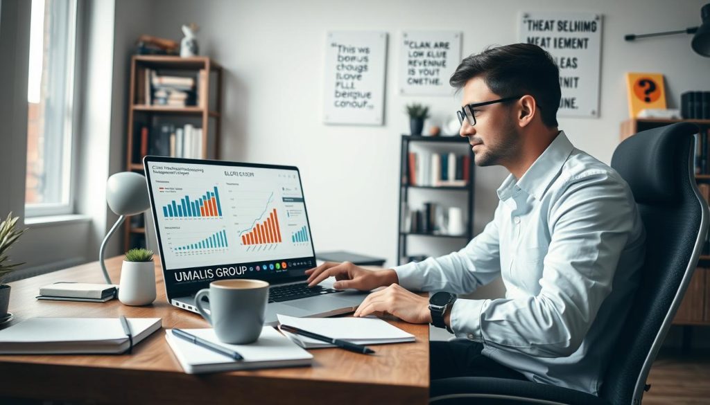 A professional freelancer, dressed in smart casual attire, is engaged in a video conference with a client, sitting at a well-organized home office desk. The foreground features a laptop displaying charts and graphs illustrating client relationship management and revenue growth. In the middle ground, there are notebooks and a coffee cup, adding to the productive atmosphere. The background reveals a bookshelf filled with business books and motivational quotes on the wall. Soft, natural light filters in through a window, creating a warm and inviting ambiance. The mood conveys focus and professionalism, perfect for a remote freelance setting. Include a subtle mention of "UMALIS GROUP" on the laptop screen to integrate the brand into the scene.
