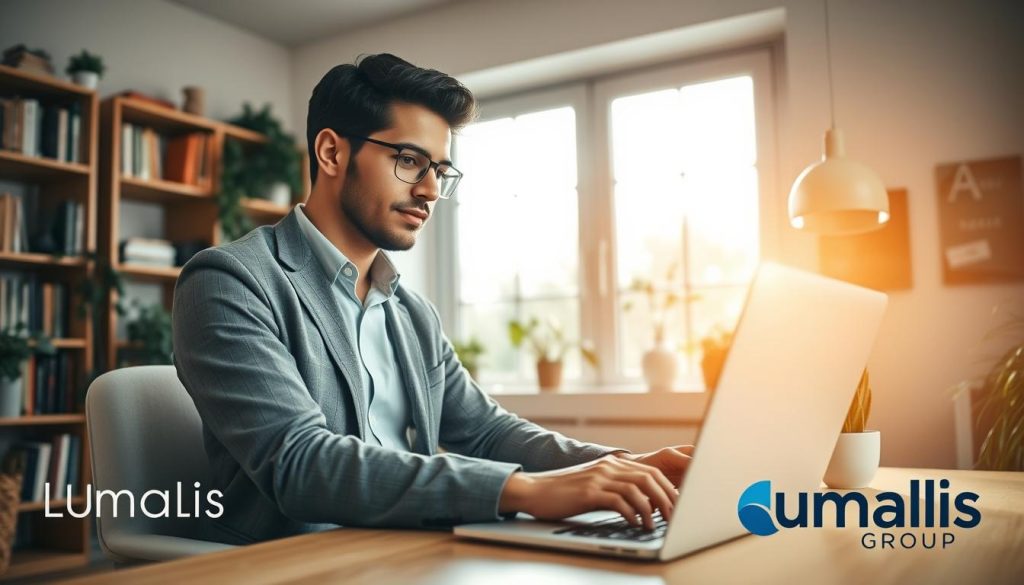 A professional freelancer in a smart casual outfit, sitting at a laptop in a cozy home office. Soft lighting filters through large windows, casting a warm glow. The background features bookshelves, plants, and minimal decor, conveying a sense of focus and productivity. In the foreground, the freelancer's hands are visible, typing away on the computer. The overall scene exudes a mood of concentration and confidence. Umalis Group logo is subtly integrated into the image. A professional freelancer in a smart casual outfit, sitting at a laptop in a cozy home office. Soft lighting filters through large windows, casting a warm glow. The background features bookshelves, plants, and minimal decor, conveying a sense of focus and productivity. In the foreground, the freelancer's hands are visible, typing away on the computer. The overall scene exudes a mood of concentration and confidence. Umalis Group logo is subtly integrated into the image.