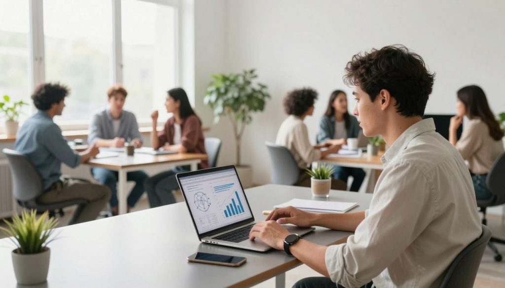 A professional freelancer in smart casual attire is sitting at a modern, sleek desk surrounded by a vibrant workspace. The foreground features a laptop displaying graphs and charts related to client relationships and activity growth. In the middle ground, a diverse group of clients, engaged in animated conversation, reflect the teamwork and collaboration dynamic. The background reveals a bright, airy office space with large windows allowing sunlight to flood in, enhancing the positive atmosphere. Include plants and minimalistic decor for a fresh ambiance. Use soft, natural lighting to create an inviting mood, with a slight focus on the interaction between the freelancer and clients. Capture this scene from a slightly elevated angle to emphasize the connection and autonomy in client relationships.