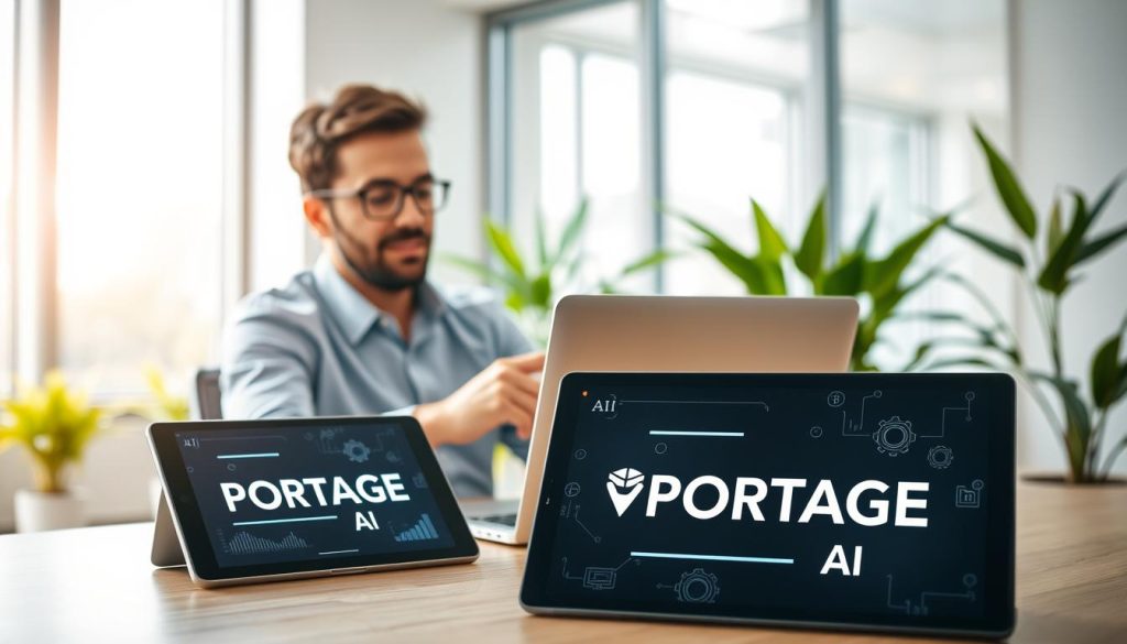 A professional freelancer in smart casual clothing, seated at a modern desk with a laptop, analyzing data charts that represent growth and flexibility, symbolizing the advantages of "portage salarial." In the foreground, a digital tablet displays the logo "PORTAGE AI," showcasing technological innovation. In the middle ground, a bright, airy office space with green plants and large windows lets in natural light, creating an uplifting atmosphere. The background features subtle graphics of gears and circuits, representing artificial intelligence and efficiency. The overall mood is optimistic and empowering, highlighting the synergy of freelancing, portage salarial, and AI technology. Use soft, even lighting to enhance clarity and focus on the details.