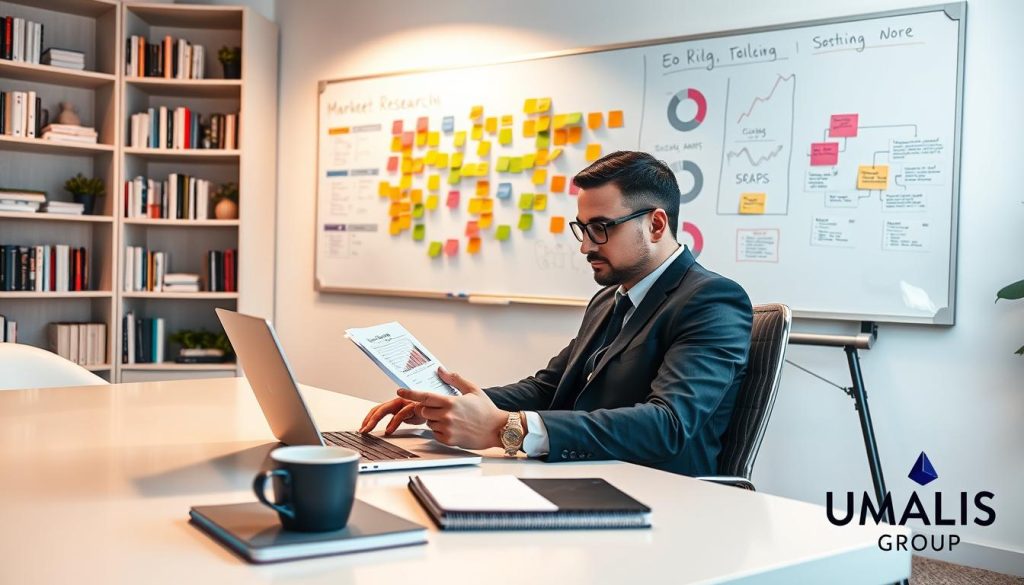 A professional freelancer sits at a modern desk in a well-lit office environment, intently analyzing market research charts on a laptop, reflecting the theme of understanding target clients. The freelancer is dressed in smart business attire, exuding confidence and focus. In the foreground, a sleek notebook and coffee cup hint at productivity. In the middle ground, a large whiteboard displays colorful sticky notes and flowcharts, representing client demographics and insights. The background shows a tidy bookshelf filled with industry-related books and decor that creates an inspiring atmosphere. Soft, warm lighting bathes the scene, creating a welcoming vibe. The image subtly includes the logo of "UMALIS GROUP" in the corner, enhancing the professional context without distractions from the main scene.