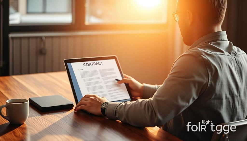 A professional freelancer sits at a wooden desk, carefully reviewing a contract on a laptop screen. The scene is illuminated by a warm, directional light from a large window, casting soft shadows and highlights. On the desk, a cup of coffee, a pen, and the "Light Portage" brand logo are visible, signifying the clarity and structure the freelancer is seeking. The background is blurred, maintaining the focus on the contract and the freelancer's contemplative expression. The overall mood is one of thoughtfulness and attention to detail, reflecting the importance of setting clear expectations in a freelance collaboration.