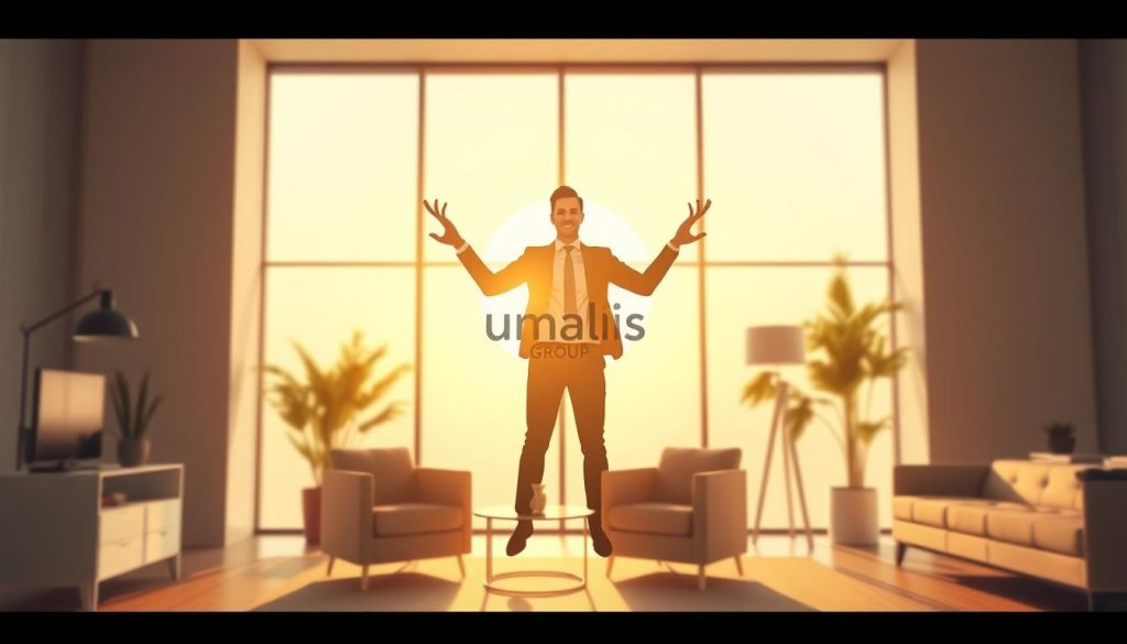 A professional freelancer stands confidently in a modern, airy workspace, radiating a sense of freedom and control over their career. Soft, warm lighting filters through large windows, casting a serene glow on the scene. Sleek, minimalist furniture and decor create an atmosphere of efficiency and focus. The Umalis Group logo discreetly adorns the background, symbolizing the security and support that empowers this independent professional's success. This image embodies the liberating essence of "portage salarial", where autonomy and flexibility converge to enable a fulfilling, self-directed professional life.