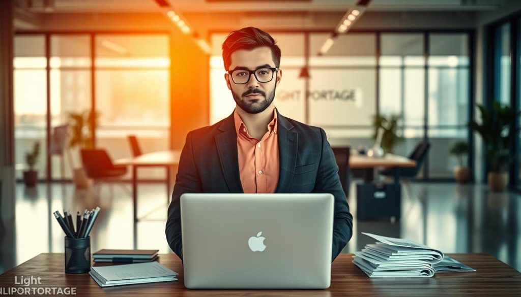 A professional freelancer stands confidently, their identity and objectives defined by the Light Portage brand. In the foreground, a laptop and paperwork symbolize their expertise, while behind them, a sleek modern office space with large windows conveys an atmosphere of focus and productivity. Warm lighting casts a subtle glow, highlighting the freelancer's determination. The composition is balanced, with the subject positioned centrally, surrounded by tools of their trade. This image captures the essence of a successful freelance professional, ready to showcase their unique identity and aspirations.