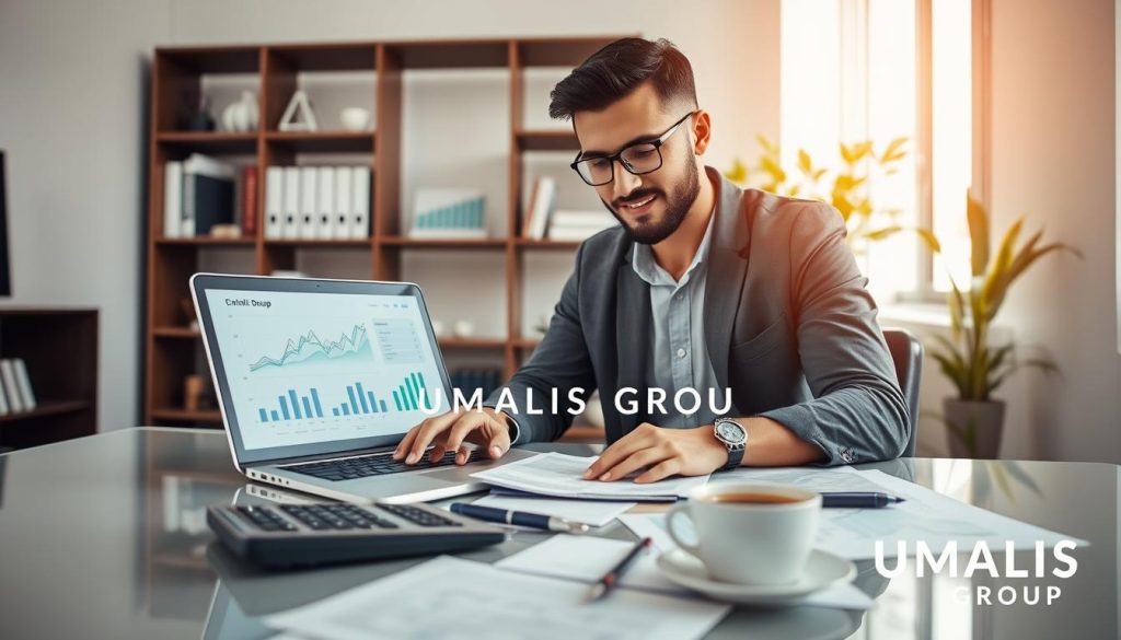 A professional freelancer working on budget management and cash flow in a modern office space, seated at a sleek desk with a laptop and financial documents spread out. In the foreground, focus on a calculator and a cup of coffee to signify concentration and planning. In the middle, visualize charts and graphs on the laptop screen, depicting financial trends and cash flow projections. The background features a well-organized bookshelf with business books and a potted plant adding a touch of greenery. Soft, natural light streams through a window, creating a bright and inviting atmosphere. The freelancer is dressed in smart, casual attire, exuding confidence and professionalism. Include the brand name "UMALIS GROUP" subtly integrated into the design, enhancing the image’s relevance to budget management.