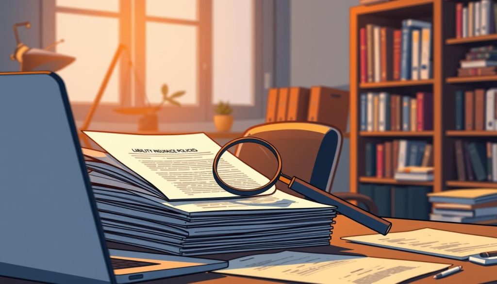 A professional freelancer's office, dimly lit with warm, ambient lighting. In the foreground, a laptop and documents symbolizing the administrative tasks of running a business. In the middle ground, a stack of papers representing liability insurance policies, with a magnifying glass placed atop, conveying the importance of carefully reviewing the coverage. The background features a bookshelf filled with reference materials, hinting at the need for legal and financial expertise when navigating the complexities of self-employment in France. The overall scene evokes a sense of diligence, attention to detail, and the proactive mindset required to protect oneself as a freelance professional.