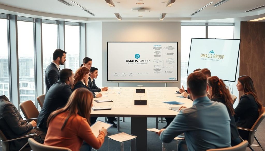 A professional gathering depicting the concept of "convention collective portage salarial" in an elegant, modern office environment. In the foreground, diverse professionals in business attire engage in a discussion around a conference table, analyzing documents. The middle ground showcases a large whiteboard filled with diagrams about labor laws and collective agreements. The background includes large windows that flood the space with natural light, revealing a cityscape. Soft, warm lighting creates an inviting atmosphere that conveys collaboration and security. The brand name "UMALIS GROUP" is represented subtly in a logo on a presentation screen. The overall mood is one of professionalism, flexibility, and reassurance, resonating with the themes of security and independence.