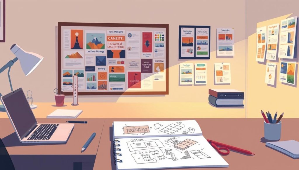 A professional graphic designer's workspace, featuring a minimalist desktop with a laptop, stylus, and various design tools. In the foreground, a mood board displays carefully curated images, color palettes, and typography, reflecting the process of crafting tailored marketing messages. Soft, directional lighting illuminates the scene, creating a warm, focused atmosphere. The middle ground showcases a sketchpad with hand-drawn concepts and annotations, hinting at the creative ideation behind the targeted messaging. In the background, a wall-mounted display showcases sample marketing materials, demonstrating how the tailored messages might be implemented across different channels.