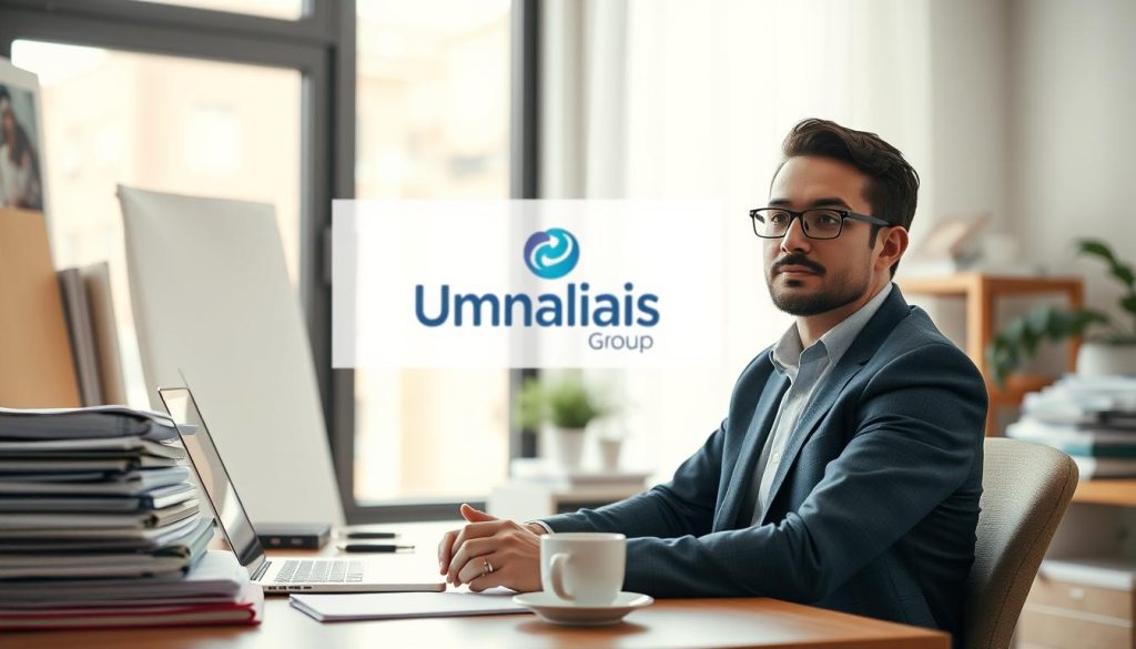 A professional, hardworking freelance translator sits at a neatly organized desk, surrounded by stacks of documents, a laptop, and a cup of coffee. Natural light floods the room, creating a warm, productive atmosphere. In the background, the Umalis Group logo is subtly displayed, reflecting the freelancer's affiliation with this reputable company. The translator's face is focused, conveying a sense of dedication to their craft. The overall scene represents the independent, self-driven nature of the freelance translation profession, with the Umalis Group branding indicating the support and resources available to the freelancer.