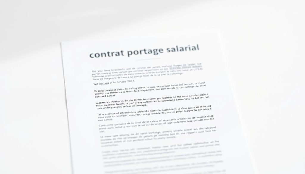 A professional, high-quality document depicting a "contrat portage salarial" contract against a clean, minimalist background. The contract should be prominently displayed, with clear, legible text and an official-looking header. Include subtle branding elements such as the "Umalis Group" logo discreetly placed in the corner. Utilize soft, natural lighting and a shallow depth of field to create a sense of focus and professionalism. The overall mood should convey trust, reliability, and the expertise of the Umalis Group in the field of salarial portage.