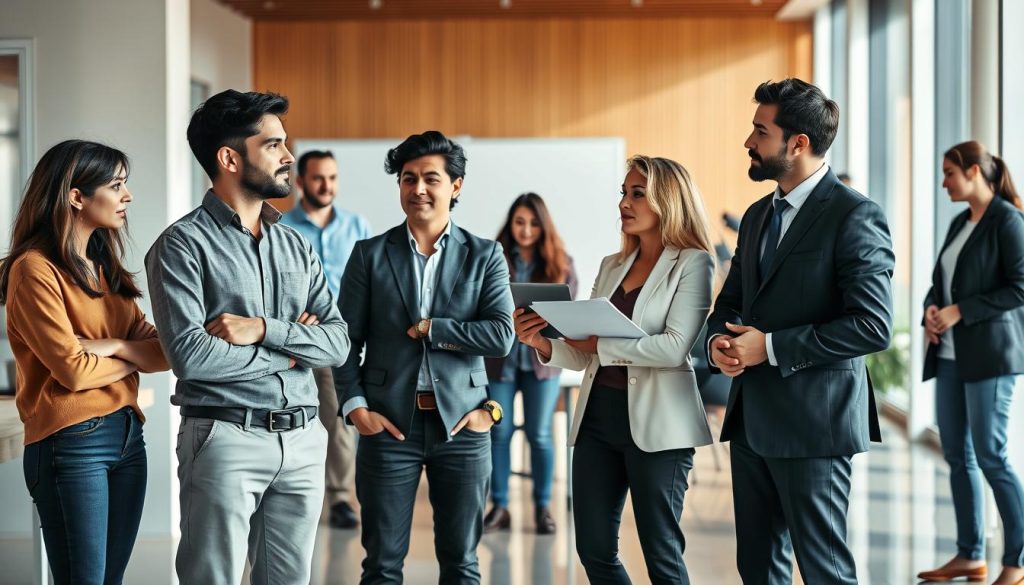 A professional, high-quality image depicting eligible profiles for a Umalis Group salary portage service. The scene showcases a diverse group of individuals, each with their own unique skills and expertise, standing in a modern office setting with clean lines and a warm, natural lighting. The foreground features three central figures - a young entrepreneur, a seasoned freelancer, and a mid-career professional - engaged in a collaborative discussion, their body language and facial expressions conveying a sense of confidence and enthusiasm. In the middle ground, other eligible profiles are visible, including an artist, an IT consultant, and a marketing specialist, all poised to leverage the benefits of the Umalis Group's salary portage solution. The background subtly implies the range of authorized activities, with hints of computer equipment, creative tools, and business documents. An overall tone of professionalism, opportunity, and work-life balance permeates the scene.