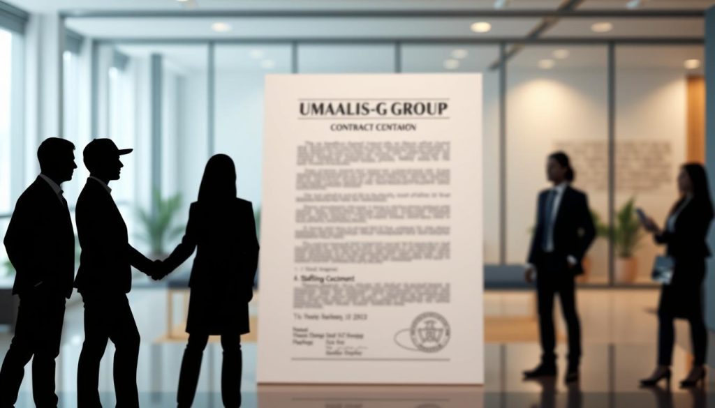 A professional, high-quality image showcasing a "tripartite contractual relationship" in the context of "temporary staffing missions: a solution". In the foreground, three silhouettes representing the key stakeholders - the client, the temporary worker, and the staffing agency (UMALIS GROUP) - standing together, their hands shaking in a gesture of collaboration. The middle ground features a detailed contract document, the text blurred but the structure and official seals visible. The background depicts a modern office setting, with clean lines, neutral tones, and subtle lighting to convey a sense of professionalism and trust. The overall composition should suggest the seamless integration and cooperation between the three parties involved in the temporary staffing arrangement.