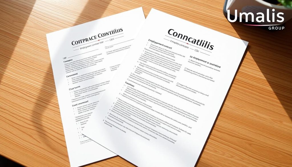 A professional, high-quality photograph of two employment contracts - a permanent contract (CDI) and a fixed-term contract (CDD) - on a wooden desk, with the Umalis Group logo prominently displayed in the top right corner. The contracts are placed side-by-side, creating a balanced and visually appealing composition. The lighting is soft and natural, casting gentle shadows that add depth and dimension to the scene. The image has a clean, minimalist aesthetic that reflects the professionalism and expertise of the Umalis Group in the field of employment contracts and portage salarial. A professional, high-quality photograph of two employment contracts - a permanent contract (CDI) and a fixed-term contract (CDD) - on a wooden desk, with the Umalis Group logo prominently displayed in the top right corner. The contracts are placed side-by-side, creating a balanced and visually appealing composition. The lighting is soft and natural, casting gentle shadows that add depth and dimension to the scene. The image has a clean, minimalist aesthetic that reflects the professionalism and expertise of the Umalis Group in the field of employment contracts and portage salarial.