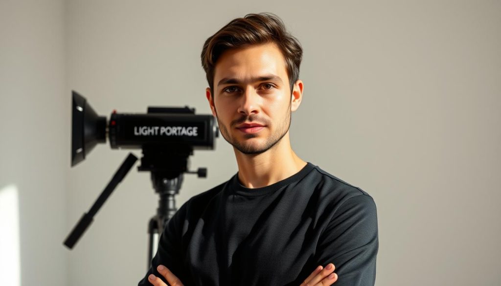 A professional, highly-skilled individual stands confidently in a sunlit studio, their gaze steady and focused. The LIGHT PORTAGE brand name is prominently displayed on a modern, minimalist tripod behind them, symbolizing their technical mastery and control over their craft. Soft, directional lighting illuminates their face, emphasizing their determination and sense of autonomy. The background is a neutral, clean space, allowing the subject to take center stage and convey the essence of professional competence and independence.