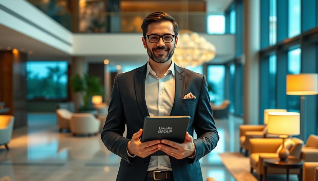 A professional hotel consultant standing confidently in a modern hotel lobby, dressed in a crisp suit and holding a tablet, with the Umalis Group logo visible. The lighting is warm and inviting, casting a soft glow on the scene. The background features plush furnishings, sleek architectural details, and a hint of natural scenery visible through large windows, conveying a sense of tranquility and sophistication. The overall atmosphere exudes expertise, stability, and a commitment to the hospitality industry.