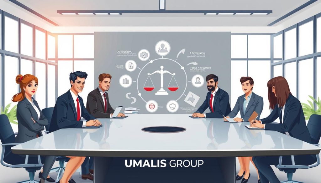 A professional, illustrated scene depicting the concept of "Obligations portage salarial." In the foreground, a diverse group of business professionals, dressed in smart business attire, engage in a discussion around a large conference table, highlighting teamwork and collaboration. In the middle, a visually striking infographic is displayed, symbolizing legal responsibilities and obligations, with clear icons and flowing charts, representing concepts like compliance and contracts. The background features a modern office setting with large windows allowing natural light to flood the space, creating a bright and dynamic atmosphere. The mood is serious yet collaborative, reflecting the theme of legal responsibility within the context of portage salarial. Include the brand name "UMALIS GROUP" subtly integrated into the conference room design.