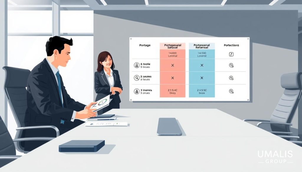A professional illustration depicting a comparison between "portage salarial" and other employment statuses in a business environment. In the foreground, two professional individuals in business attire discuss at a sleek conference table laden with paperwork and digital devices, symbolizing collaboration and analysis. The middle layer features a large graphical chart on a wall showing side-by-side comparisons of "portage salarial" and other statuses, with icons representing each status for clarity. The background includes a modern office with large windows allowing natural light to flood in, enhancing the professional atmosphere. The overall mood should convey a sense of informed decision-making and clarity. Incorporate the brand name "UMALIS GROUP" subtly integrated into the design elements, ensuring it doesn't dominate the scene.