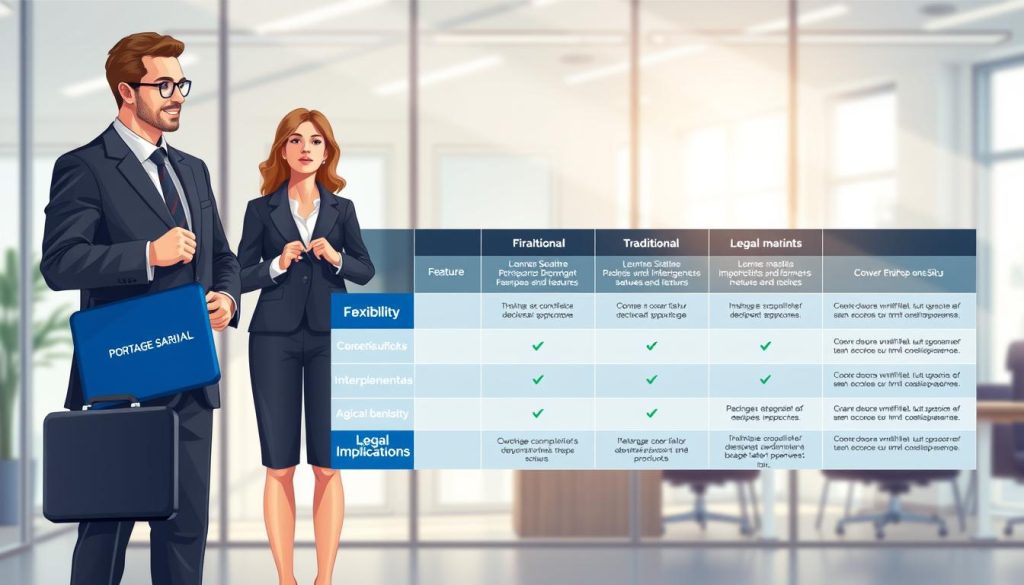A professional illustration depicting a comparison of various independent statuses, emphasizing "portage salarial." In the foreground, feature two well-dressed business professionals, one representing portage salarial, holding a briefcase with the logo "Umalis Group," and the other symbolizing traditional independent status, interacting attentively. The middle ground includes a digital infographic chart comparing key features like flexibility, financial benefits, and legal implications, using sleek blue and green colors for clarity. In the background, set a modern office environment with glass walls and natural light streaming in, creating a motivational and professional atmosphere. Use a mid-shot angle to focus on both figures and the infographic, enhancing the informative mood of the image.