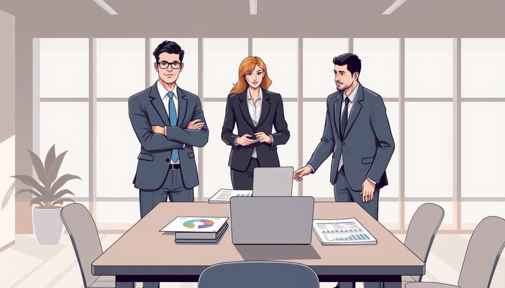 A professional illustration depicting a tripartite relationship in the context of payroll management, featuring three distinct figures: a business client represented as a confident individual in a tailored suit, a consultant in business casual attire, and a representative of UMALIS GROUP in formal clothing. The foreground highlights the three individuals engaged in a discussion around a table, with documents, a laptop, and digital graphs. In the middle background, a modern office environment shows large windows with natural light flooding in, casting soft shadows. The overall mood is collaborative and forward-thinking, emphasizing professionalism and trust, set against a muted, harmonious color palette that conveys reliability and dynamism.