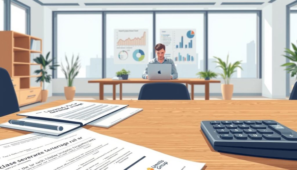 A professional illustration depicting the calculated severance pay for a salarial portage arrangement. In the foreground, a desk with a calculator, financial documents, and the Umalis Group logo. In the middle ground, a person working on a laptop, surrounded by charts and graphs. The background shows a modern office environment with large windows, natural lighting, and minimalist decor. The scene conveys a sense of precision, organization, and expertise in navigating the complexities of salarial portage indemnities.