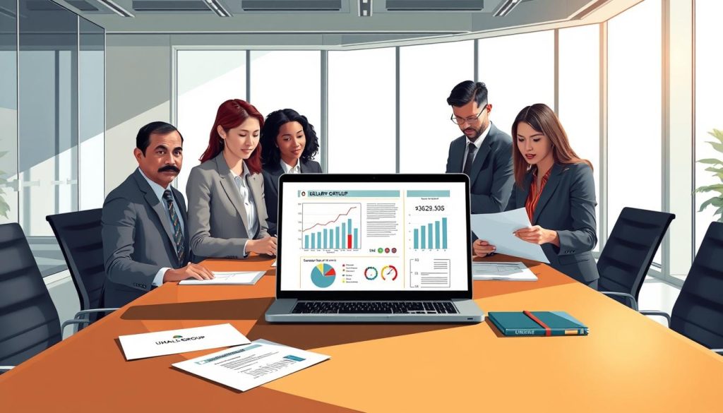 A professional illustration focusing on the concepts of "interim work" and "salary portage". In the foreground, depict a diverse group of five business professionals in formal attire, gathered around a modern conference table, discussing documents. In the middle, an open laptop displays graphs and charts related to labor regulations and contracts. The background features a sleek, contemporary office with large windows allowing natural light to filter in, casting soft shadows. The atmosphere is serious yet collaborative, emphasizing clarity and focus. Include subtle branding elements of "UMALIS GROUP" in documents or on the conference table. The overall composition should convey a sense of professionalism and diligence, promoting an engaging visual understanding of workplace rules.