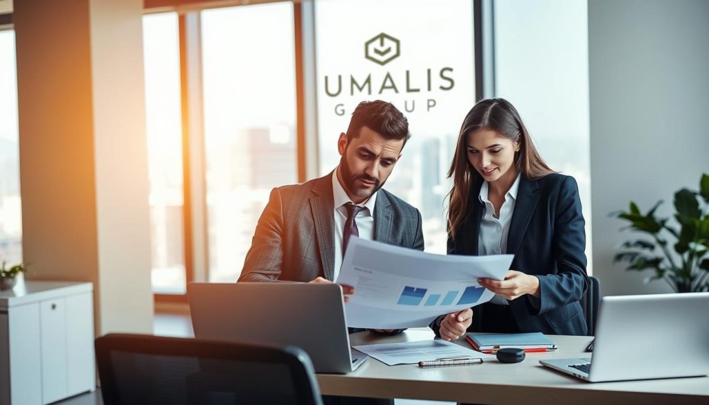 A professional independent consultant negotiating in a modern office setting. In the foreground, a diverse group of three individuals, a man and a woman in professional business attire, analyzing documents and discussing strategies. The man has a thoughtful expression, while the woman points to a chart on a laptop. In the middle ground, a large window reveals a cityscape, allowing natural light to flood the room and create a warm, inviting atmosphere. The background features a minimalist desk with a laptop, notepads, and a plant, enhancing the professional vibe. An elegant logo with "UMALIS GROUP" is subtly displayed on a wall. The mood conveys collaboration and strategy, emphasizing the essence of negotiation and consulting. A professional independent consultant negotiating in a modern office setting. In the foreground, a diverse group of three individuals, a man and a woman in professional business attire, analyzing documents and discussing strategies. The man has a thoughtful expression, while the woman points to a chart on a laptop. In the middle ground, a large window reveals a cityscape, allowing natural light to flood the room and create a warm, inviting atmosphere. The background features a minimalist desk with a laptop, notepads, and a plant, enhancing the professional vibe. An elegant logo with "UMALIS GROUP" is subtly displayed on a wall. The mood conveys collaboration and strategy, emphasizing the essence of negotiation and consulting.