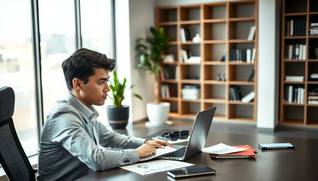 A professional independent consultant sitting at a modern desk, engaged in a task of setting their pricing strategy for client services. The foreground features a young, focused individual in professional business attire, with a laptop open and notes scattered around, including charts and prices, reflecting deep concentration. In the middle, a sleek office setting with large windows allowing natural light to flood the space, enhancing the productive atmosphere. The background includes minimalistic decor, such as a potted plant and bookshelves filled with business literature. Soft lighting illuminates the scene, creating a bright and optimistic mood, symbolizing clarity and success in negotiation and pricing strategies. The brand name "UMALIS GROUP" is subtly incorporated into the desktop accessories, adding to the professional appearance.