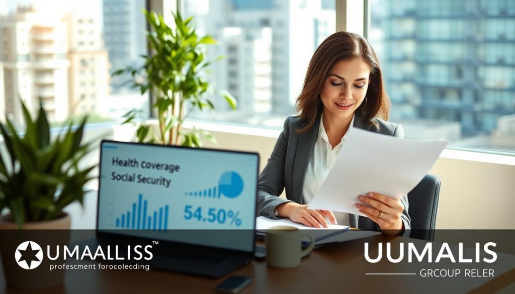 A professional independent worker sitting at a desk in a sunlit office space, reviewing health coverage documents. She's dressed in smart casual attire, exuding confidence and focus. In the foreground, a laptop displays graphs and charts symbolizing financial health and social security benefits. In the middle ground, a potted plant and a coffee cup provide a touch of warmth and comfort. The background features a large window showcasing a serene urban view, emphasizing a balanced work-life environment. Soft, natural lighting floods the room, creating a positive and optimistic atmosphere. Include the logo of "UMALIS GROUP" subtly placed on the desk, hinting at the affiliation with professional support for freelancers. A professional independent worker sitting at a desk in a sunlit office space, reviewing health coverage documents. She's dressed in smart casual attire, exuding confidence and focus. In the foreground, a laptop displays graphs and charts symbolizing financial health and social security benefits. In the middle ground, a potted plant and a coffee cup provide a touch of warmth and comfort. The background features a large window showcasing a serene urban view, emphasizing a balanced work-life environment. Soft, natural lighting floods the room, creating a positive and optimistic atmosphere. Include the logo of "UMALIS GROUP" subtly placed on the desk, hinting at the affiliation with professional support for freelancers.
