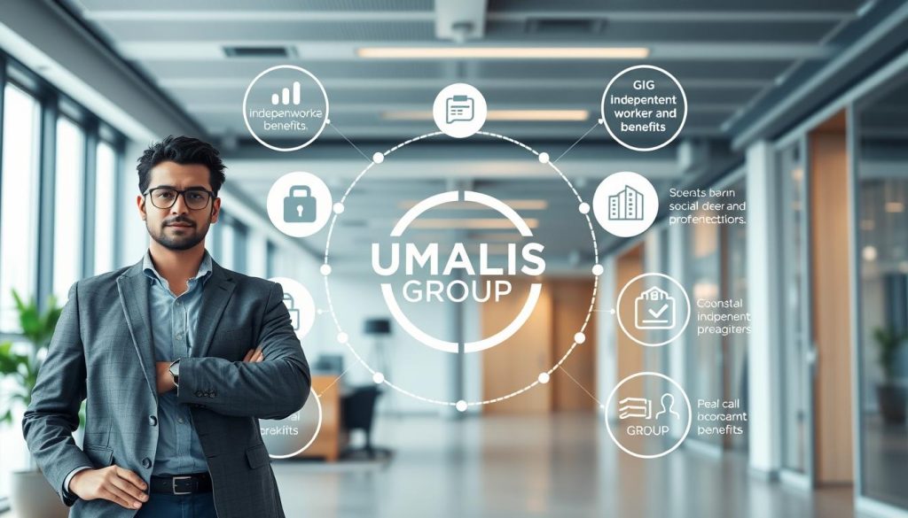 A professional independent worker standing confidently, surrounded by a support system of social benefits and protections. In the foreground, the person is dressed in smart casual attire, conveying a sense of expertise and self-assurance. In the middle ground, a UMALIS GROUP logo symbolizes the provider of these independent worker benefits. The background depicts a modern, well-designed office space with clean lines and natural lighting, creating an atmosphere of professionalism and security. The overall scene communicates the advantages of the gig economy lifestyle while emphasizing the importance of robust social safeguards for independent professionals.