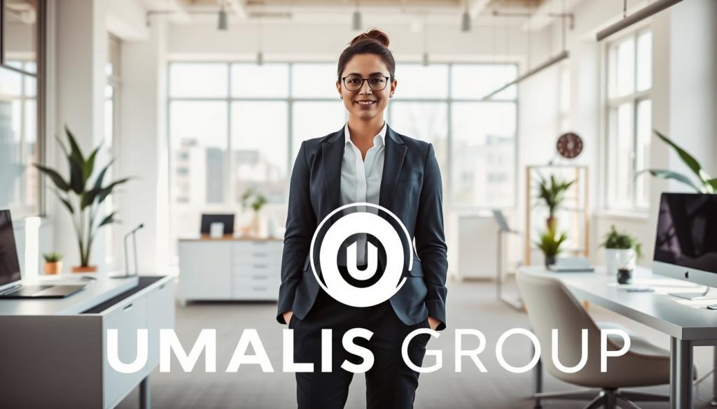 A professional independent worker stands in a bright, airy workspace filled with natural light. They are surrounded by sleek modern furniture, a laptop, and office supplies, conveying a sense of productivity and efficiency. In the foreground, the Umalis Group logo is prominently displayed, highlighting the company's support and guidance for independent professionals. The overall mood is one of confidence, autonomy, and the advantages of the self-employed lifestyle.