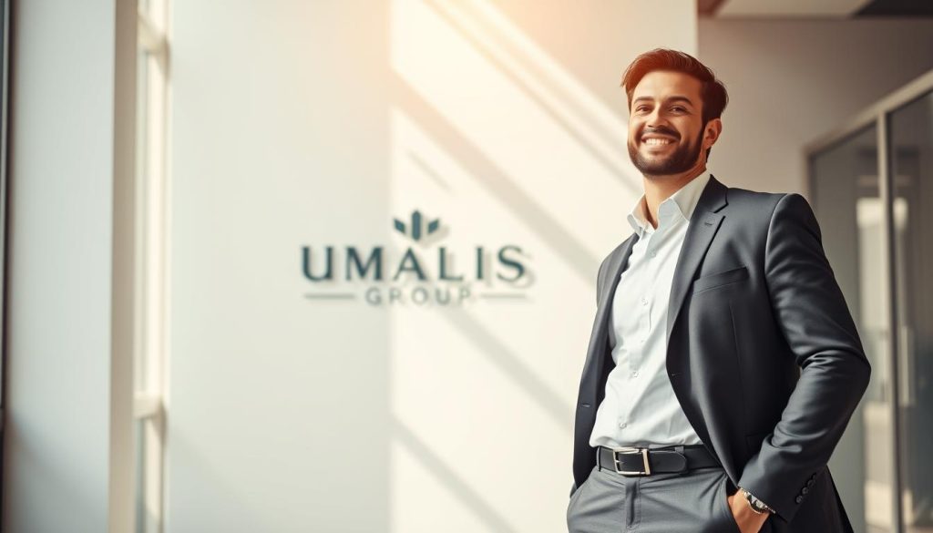 A professional individual in a stylish business attire, radiating confidence and independence, stands amidst a minimalist, modern office setting. Streams of light filter through large windows, casting a warm, natural glow. In the background, the UMALIS GROUP logo subtly adorns the wall, symbolizing the freedom and security this professional enjoys as part of the organization's salarial portage program. The scene conveys a sense of empowerment, flexibility, and the ability to pursue one's professional passions without the constraints of traditional employment.