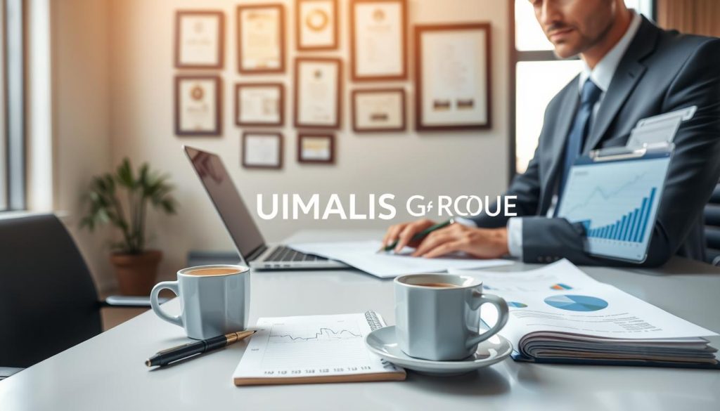 A professional individual in business attire sits at a sleek, modern desk, reviewing medical documents and a laptop displaying graphs and calculations related to sick leave benefits. In the foreground, a notepad with handwritten notes and a pen is placed beside a steaming cup of coffee, creating an organized yet bustling workspace. The middle ground features a wall with framed awards and certifications, highlighting professionalism. The background shows a large window with soft, natural light streaming in, casting a warm glow over the scene. The overall atmosphere is focused and contemplative, reflecting the essential topic of sick leave conditions. Integrate the logo of "UMALIS GROUP" subtly into the workspace decor, enhancing the professional ambiance without overpowering the scene.