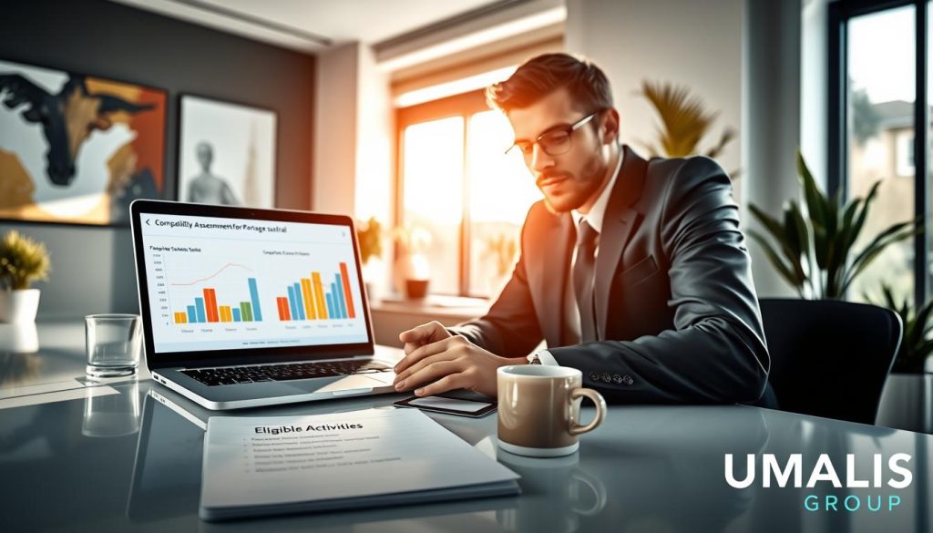 A professional individual in smart business attire, sitting at a modern, sleek office desk, reviewing documents and a laptop displaying graphs that represent compatibility assessments for portage salarial. In the foreground, a notepad with bullet points titled "Eligible Activities" lies next to a cup of coffee. The middle layer captures the individual thoughtfully analyzing the data while a light from a large window bathes the scene in natural sunlight, creating a warm and productive atmosphere. In the background, a contemporary office environment with abstract art on the walls and plants that enhance the inviting mood. The entire composition reflects "UMALIS GROUP" branding subtly integrated into the design, conveying professionalism and flexibility in work arrangements. High-resolution, soft focus lens for a polished, professional look.