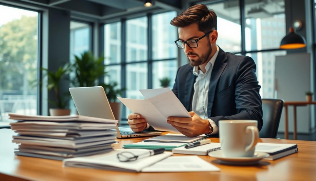 A professional individual preparing their profile for a freelance mission in a modern office environment, focusing on refining their service offer. The foreground features a well-dressed person in business attire, sitting at a desk with a laptop, reviewing documents and notes. In the middle ground, there are stacks of business proposals, a notepad, and a cup of coffee, adding to the productivity theme. The background reveals a contemporary office space with large windows allowing natural light to stream in, creating a warm and inviting atmosphere. The mood conveys determination and professionalism, emphasizing the opportunities in portage salarial. The overall image embodies the essence of Umalis Group, showcasing dedication to preparing for freelance success without any text or distractions.