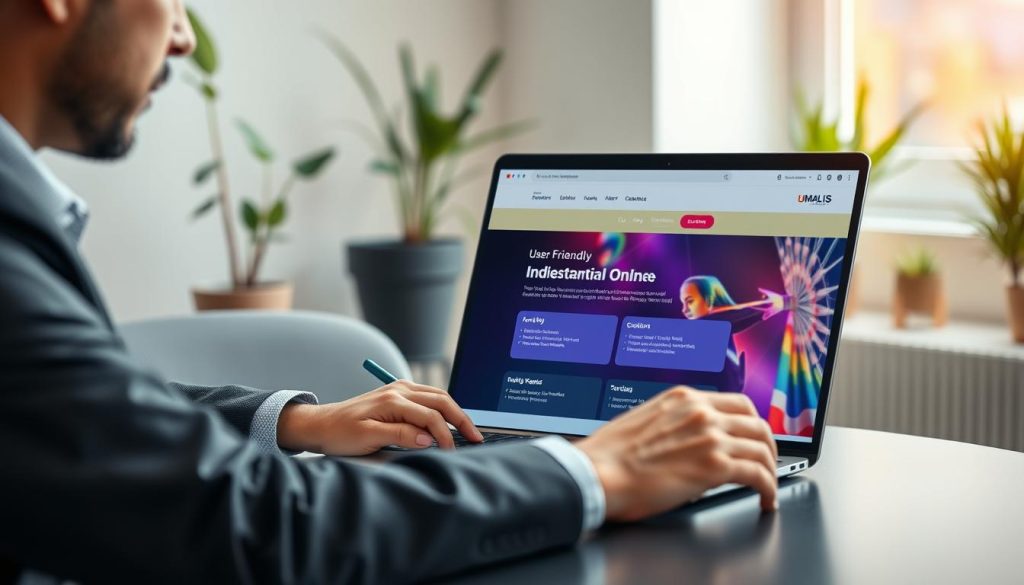 A professional individual sitting at a modern desk, focused on a laptop displaying a user-friendly website for online administrative appointments. The foreground features the person, dressed in smart business attire, with a notepad and pen beside them, jotting down important notes. In the middle, the laptop screen is projected clearly, showing a vibrant interface filled with easy-to-navigate buttons and informative sections for governmental services. The background subtly features a bright, airy office space with potted plants and a soft window light, enhancing a sense of productivity and clarity. The overall mood is efficient and optimistic, emphasizing the simplicity of online services for independent professionals. Include a small logo of "UMALIS GROUP" on the laptop screen for branding. A professional individual sitting at a modern desk, focused on a laptop displaying a user-friendly website for online administrative appointments. The foreground features the person, dressed in smart business attire, with a notepad and pen beside them, jotting down important notes. In the middle, the laptop screen is projected clearly, showing a vibrant interface filled with easy-to-navigate buttons and informative sections for governmental services. The background subtly features a bright, airy office space with potted plants and a soft window light, enhancing a sense of productivity and clarity. The overall mood is efficient and optimistic, emphasizing the simplicity of online services for independent professionals. Include a small logo of "UMALIS GROUP" on the laptop screen for branding.